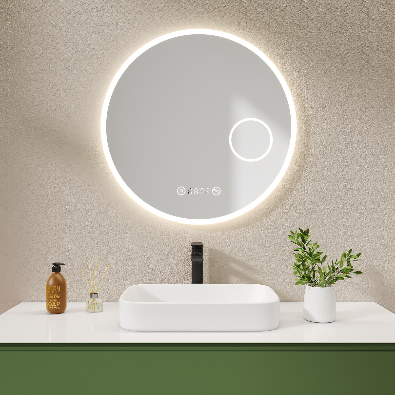 Emke Olm08 Runder Led-badezimmerspiegel  Touchschalter  Anti-beschlag  Uhr  Neutrales Licht (4300k)  Ø60/70/80 Cm ?70+touch+antifog+uhr+kosmetikspiegel+warmweiß