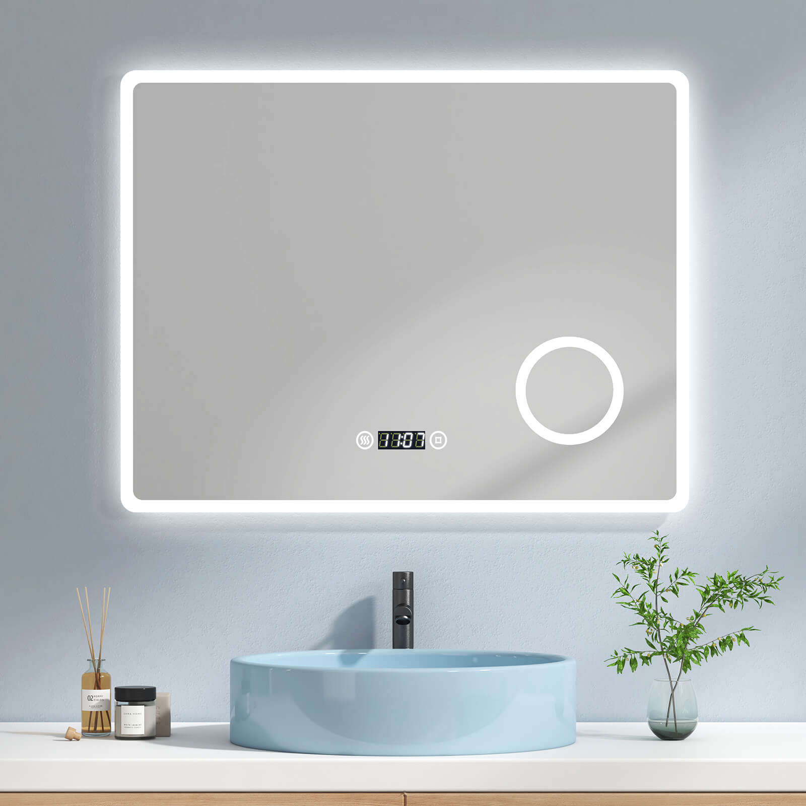 Emke „lm13 Led-badspiegel Mit Integriertem Schminkspiegel 90x70+touch+kaltweiß+anti-beschlag+uhr