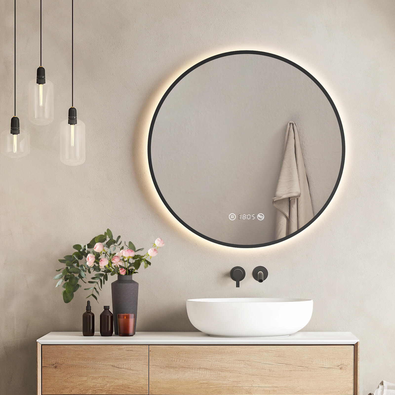 Emke Olm09 Led-badezimmerspiegel Rund Mit Uhr  Anti-beschlag  Neutrales Licht (4300k)  Dimmbar  Ø60/70/80 Cm Schwarz ?70