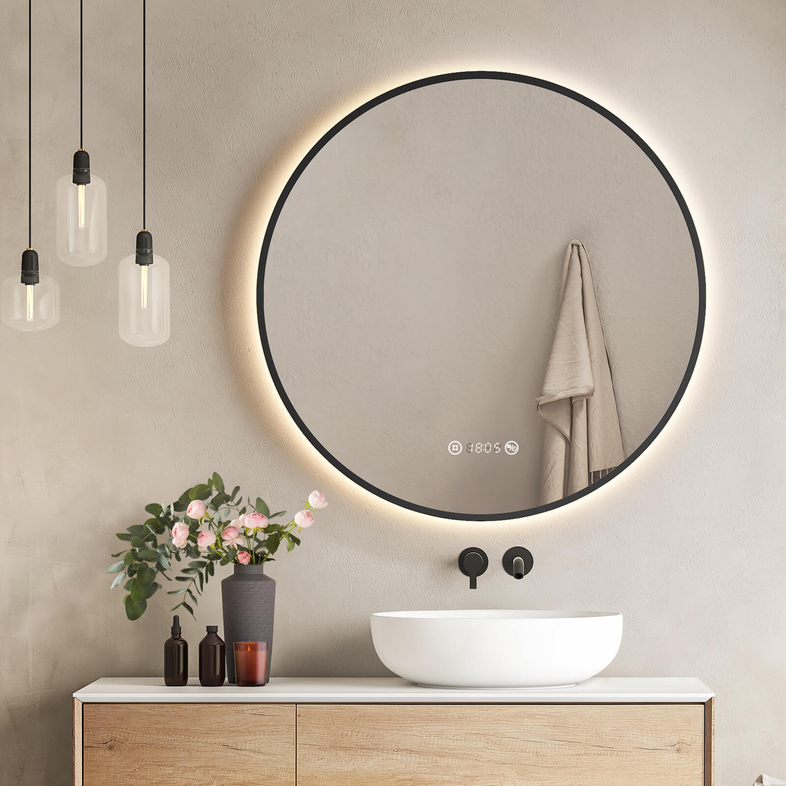 Emke Olm09 Led-badezimmerspiegel Rund Mit Uhr  Anti-beschlag  Neutrales Licht (4300k)  Dimmbar  Ø60/70/80 Cm Schwarz ?80