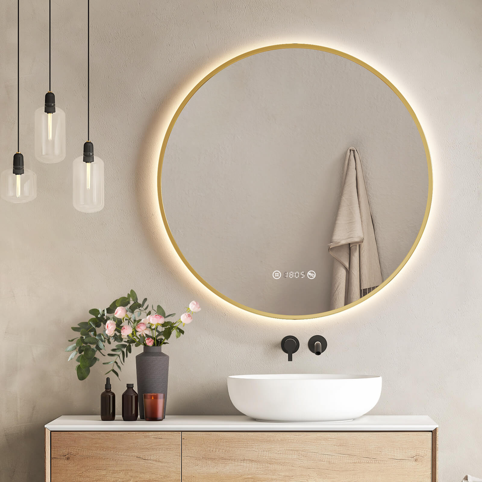 Emke Olm09 Led-badezimmerspiegel Rund Mit Uhr  Anti-beschlag  Neutrales Licht (4300k)  Dimmbar  Ø60/70/80 Cm Gold ?80