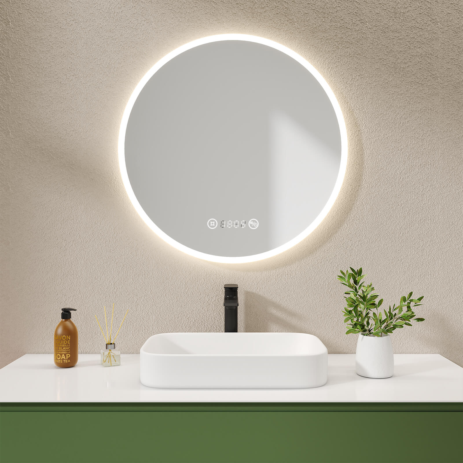 Emke Olm08 Runder Led-badezimmerspiegel  Touchschalter  Anti-beschlag  Uhr  Neutrales Licht (4300k)  Ø60/70/80 Cm ?70+touch+antifog+uhr+warmweiß