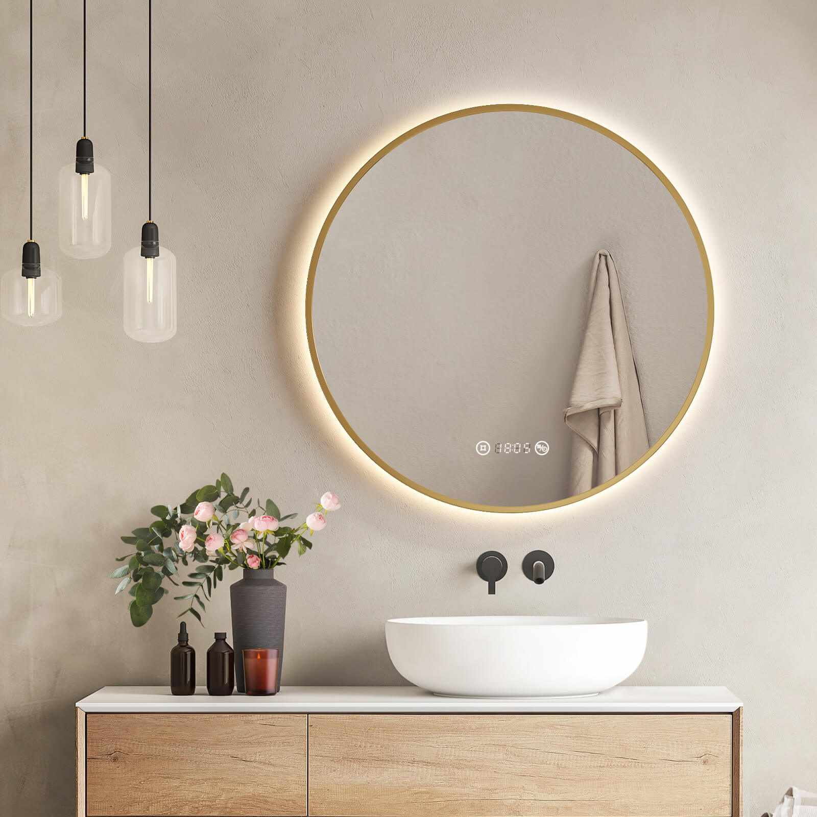 Emke Olm09 Led-badezimmerspiegel Rund Mit Uhr  Anti-beschlag  Neutrales Licht (4300k)  Dimmbar  Ø60/70/80 Cm Gold ?70
