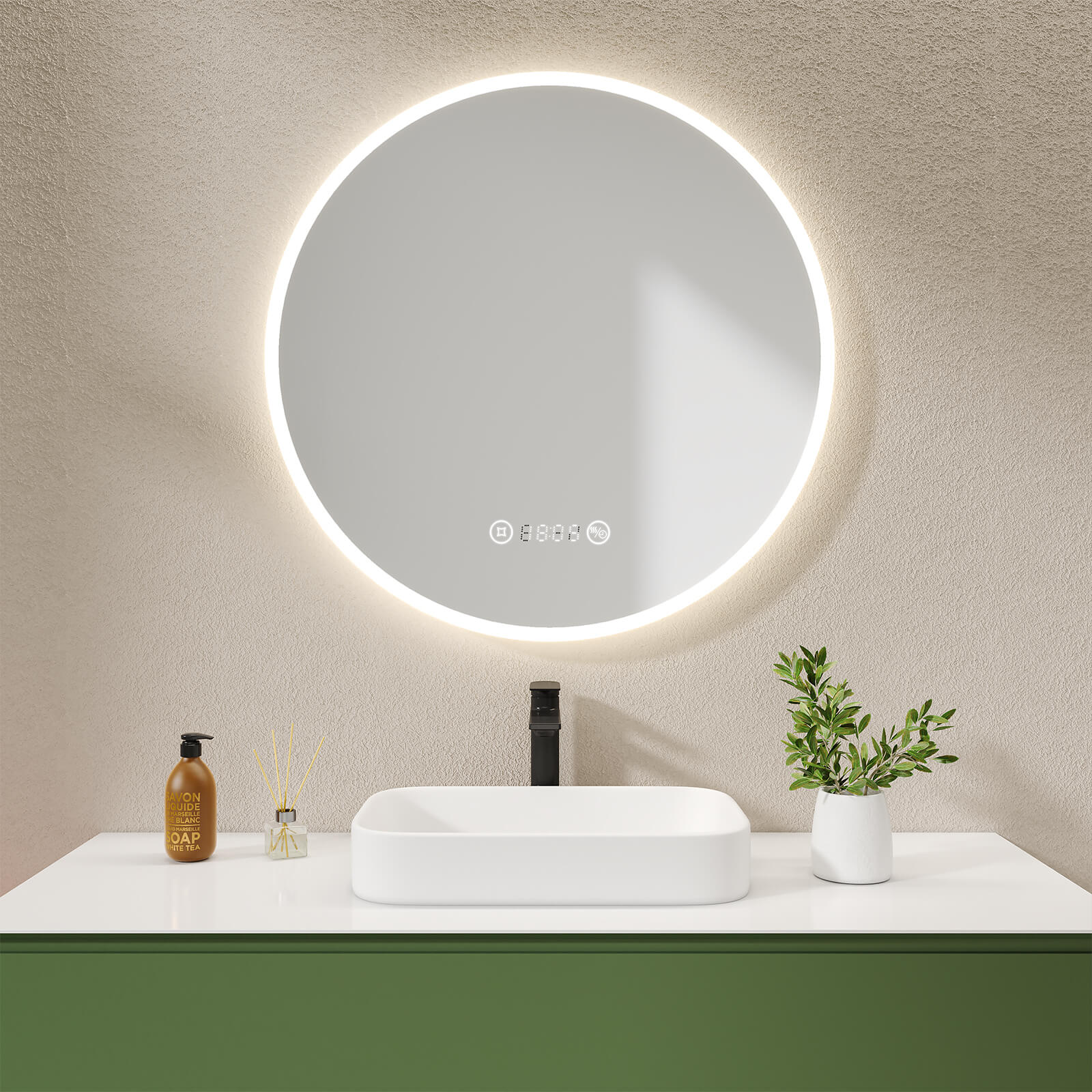 Emke Olm08 Runder Led-badezimmerspiegel  Touchschalter  Anti-beschlag  Uhr  Neutrales Licht (4300k)  Ø60/70/80 Cm ?80+touch+antifog+uhr+warmweiß