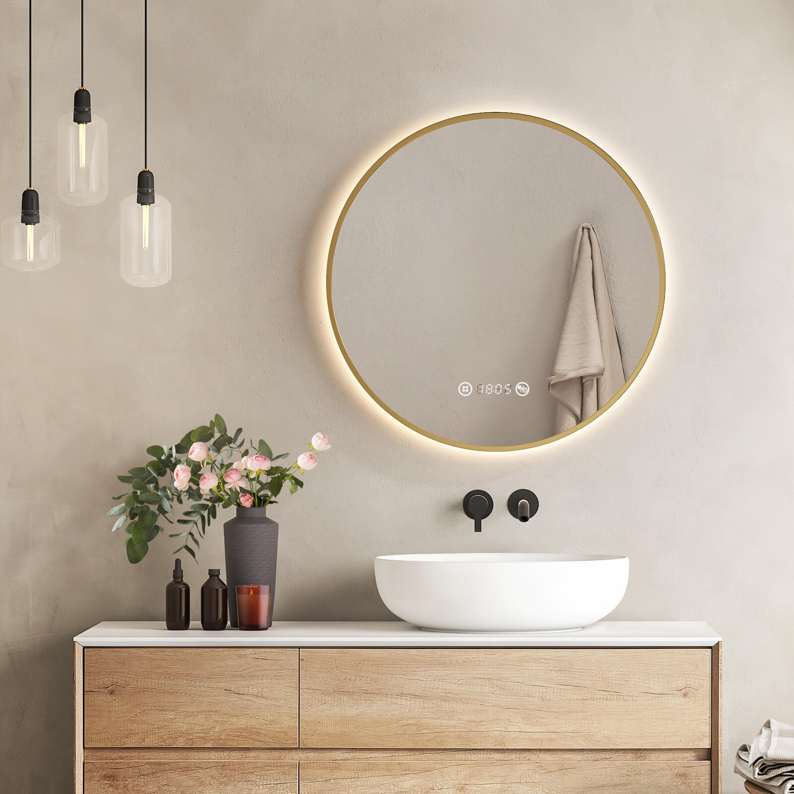 Emke Olm09 Led-badezimmerspiegel Rund Mit Uhr  Anti-beschlag  Neutrales Licht (4300k)  Dimmbar  Ø60/70/80 Cm Gold ?60