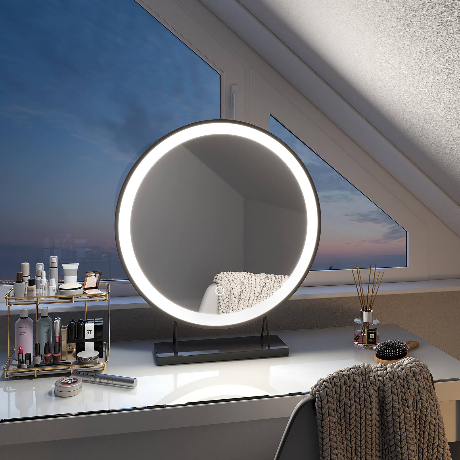 Emke Cm01 Runder Led-beleuchteter Tisch-schminkspiegel Mit Rahmen  ?40/48cm Schwarz ?48