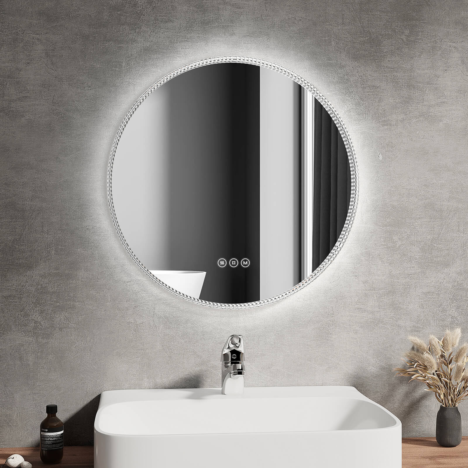 Emke Olm13 Runder Led Badspiegel Mit Beleuchtung 60cm Schwarz